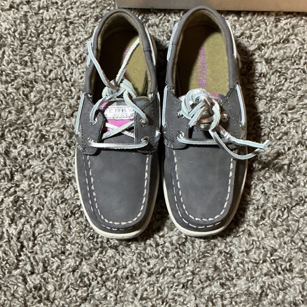 Sperry Kids Gray Boat Shoes with White Laces and Contrast Stitching